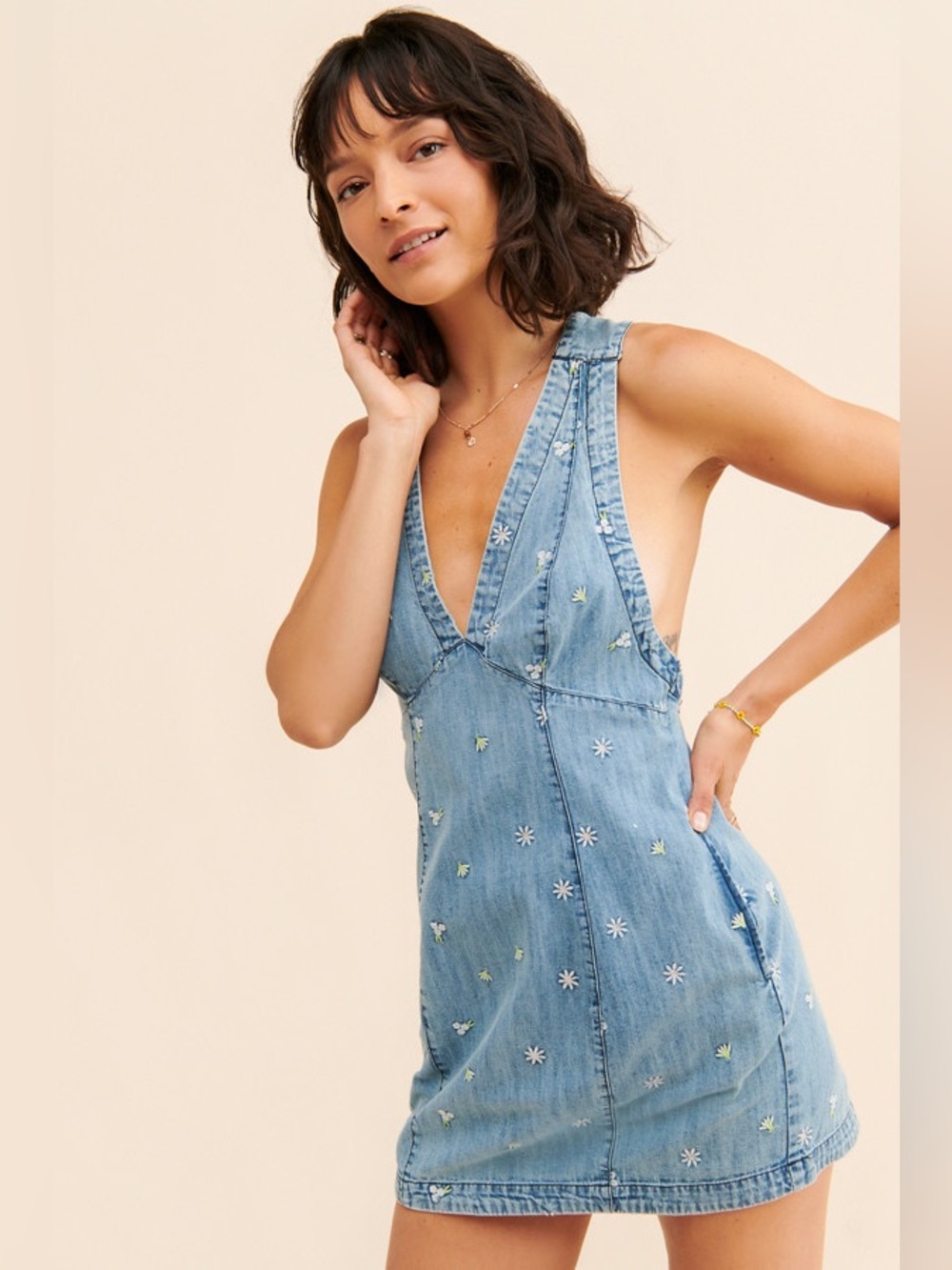 Free People Corinne Denim Mini Dress with Halter Embroidered Floral Detail